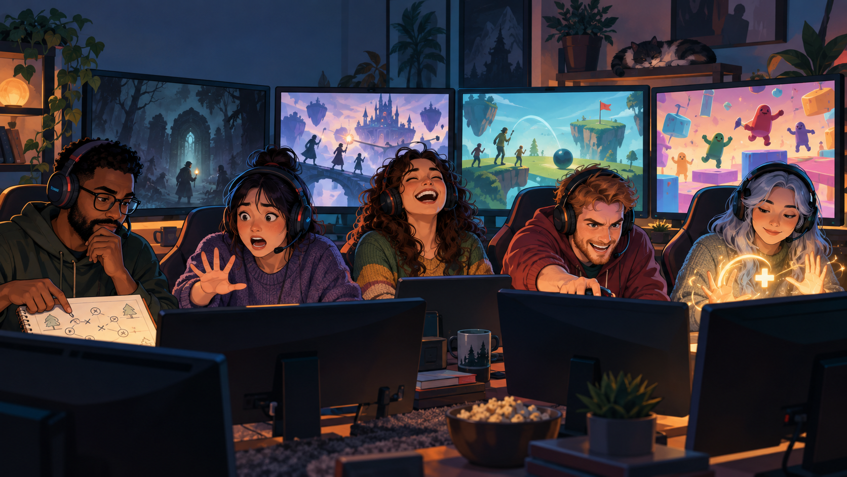 Five friends choosing between different kinds of co-op chaos