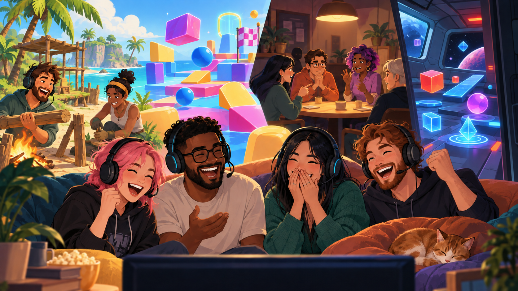 Friends sharing four kinds of zero-cost multiplayer chaos
