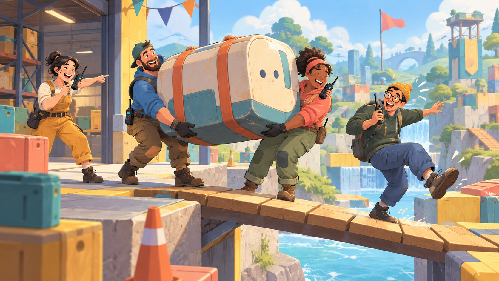 Four friends communicate while carrying one awkward object across a bridge in a bright cooperative game world